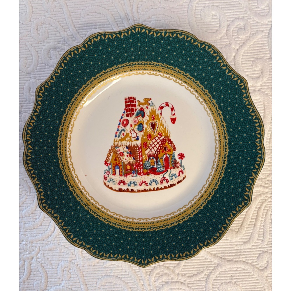 Robert Stanley Christmas Gingerbread House Bowl and 2 Plates Set Green Gold Trim - Picture 5 of 6